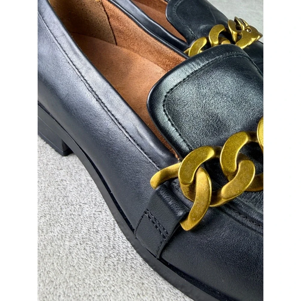 Vionic Mizelle Black Leather Chain Link Loafers Size 6.5 Square Toe Flats Womens
